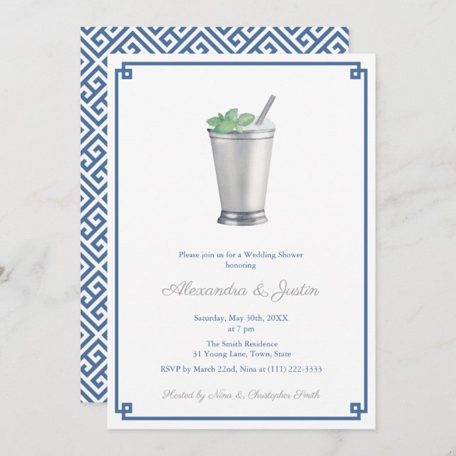 Navy Blue & Silver Gray Mint Julep Wedding Shower Invitation (Front/Back)