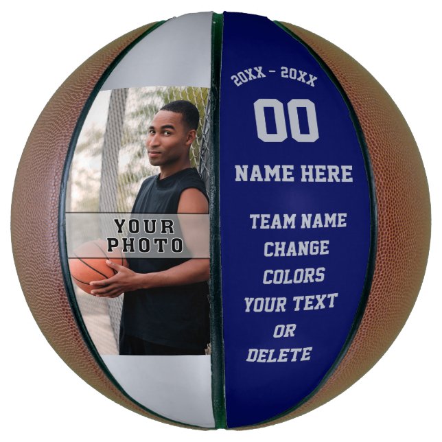 Navy Blue, Silver Gray, Personalized Basketballs (Vertical)