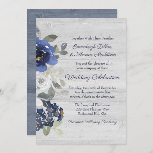 Navy Blue Silver Gray Watercolor Floral Wedding Invitation