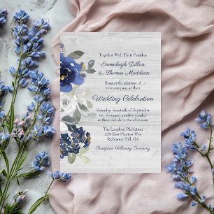 Navy Blue Silver Gray Watercolor Floral Wedding Invitation