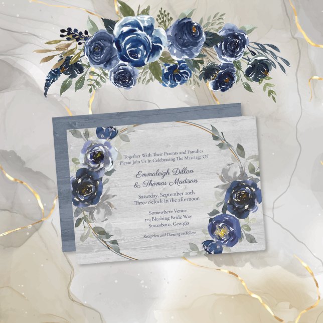 Navy Blue Silver Gray Watercolor Floral Wedding Invitation (Creator Uploaded)