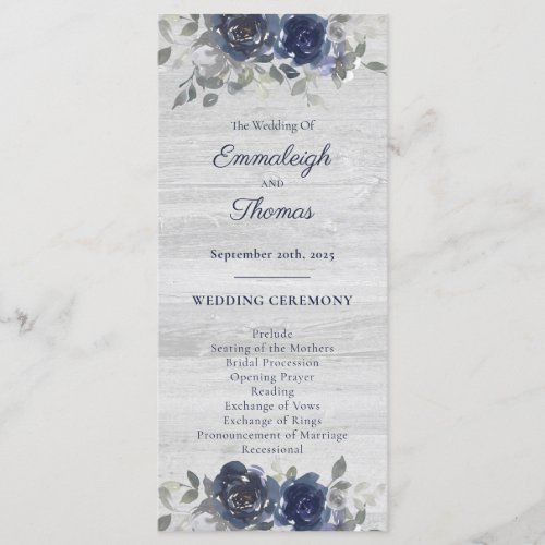 Navy Blue Silver Gray Watercolor Floral Wedding Program