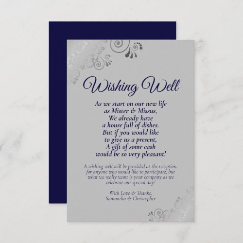 Navy Blue  Silver Gray Wedding Wishing Well Poem Enclosure Card