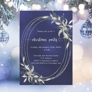 Navy blue silver greenery Christmas Party Invitation