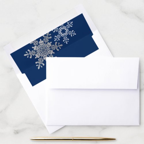 Navy Blue Silver Grey Snowflake Winter Wedding A7 Envelope Liner