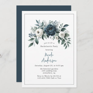 Navy Blue & Silver Ivory Floral Bachelorette Party Invitation