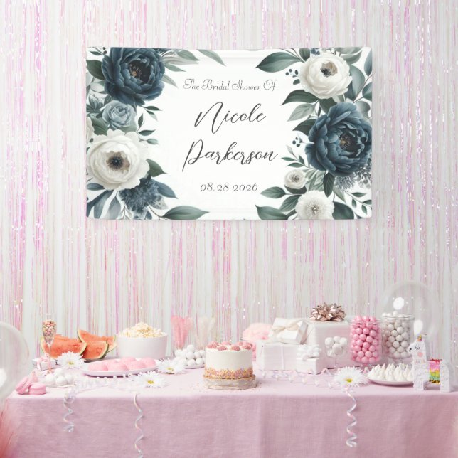 Navy Blue & Silver Ivory Floral Bridal Shower Banner (Party)