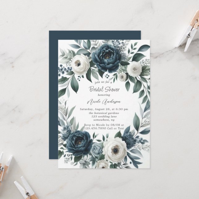 Navy Blue & Silver Ivory Floral Bridal Shower Invitation (Front/Back In Situ)