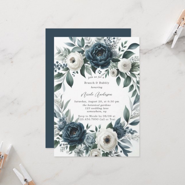 Navy Blue & Silver Ivory Floral Brunch & Bubbly Invitation (Front/Back In Situ)