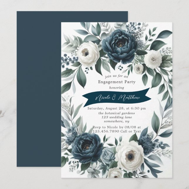 Navy Blue & Silver Ivory Floral Engagement Party Invitation (Front/Back)