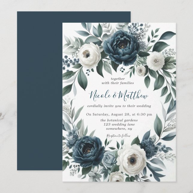 Navy Blue Silver Ivory Floral Wedding Celebration Invitation (Front/Back)