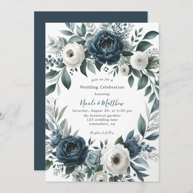 Navy Blue Silver Ivory Floral Wedding Celebration Invitation (Front/Back)