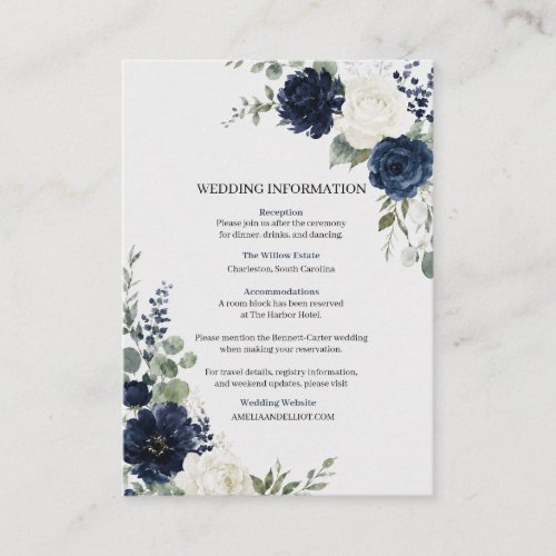 Navy Blue Silver Ivory Floral Wedding Enclosure Card