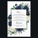 Navy Blue Silver Ivory Floral Wedding Menu Cards<br><div class="desc">Design features an elegant watercolor floral wreath decorated with peonies, roses, eucalyptus greenery and more in shades of navy blue, green and ivory. Design also features a silver gray printed box beneath the wreath with a modern font - text layout. A matching floral arrangement is added to the back to...</div>