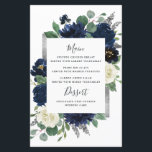 Navy Blue Silver Ivory Floral Wedding Menu Cards<br><div class="desc">Design features an elegant watercolor floral wreath decorated with peonies, roses, eucalyptus greenery and more in shades of navy blue, green and ivory. Design also features a silver gray printed box beneath the wreath with a modern font - text layout. A matching floral arrangement is added to the back to...</div>