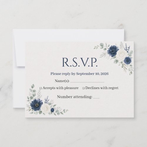 Navy Blue Silver Ivory Floral Wedding RSVP Card