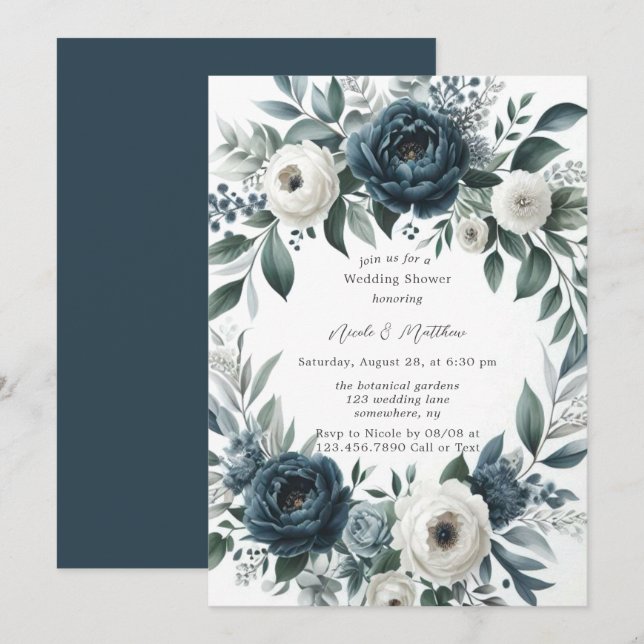 Navy Blue & Silver Ivory Floral Wedding Shower Invitation (Front/Back)