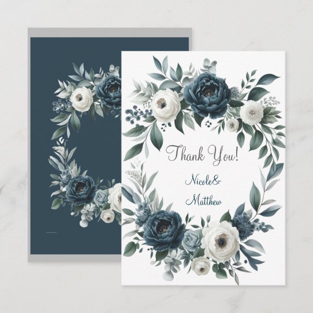 Navy Blue & Silver Ivory Floral Wedding Thank You Card (Front/Back)