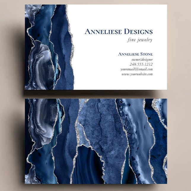 Navy Blue Silver Jewelry Designer Agate Geode  Business Card (Creator Uploaded)