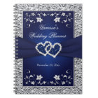 Navy Blue, Silver Joined Hearts Floral Notebook