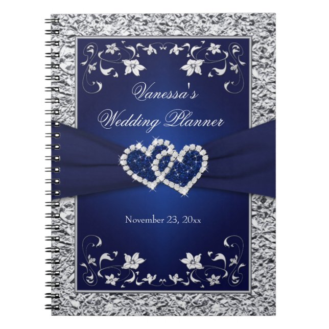 Navy Blue, Silver Joined Hearts Floral Notebook (Front)