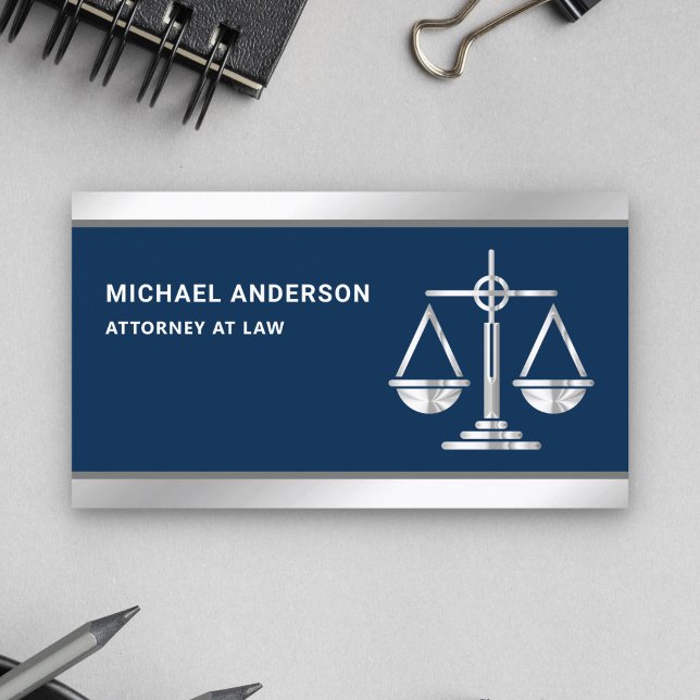 Navy Blue Silver Justice Scale Lawyer Attorney Business Card (Creator Uploaded)