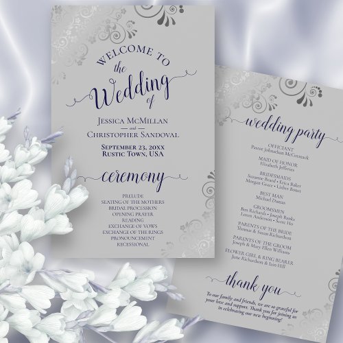 Navy Blue Silver Lace Budget Gray Wedding Program