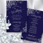 Navy Blue & Silver Lace Budget Wedding Program<br><div class="desc">These wedding programs are elegant and tasteful, while still being budget friendly. The design features ornate silver gray faux foil lace with pale gray text on a navy blue colored background. The typography features lacy script calligraphy, and there is room for details on the ceremony, the bridal party, and a...</div>