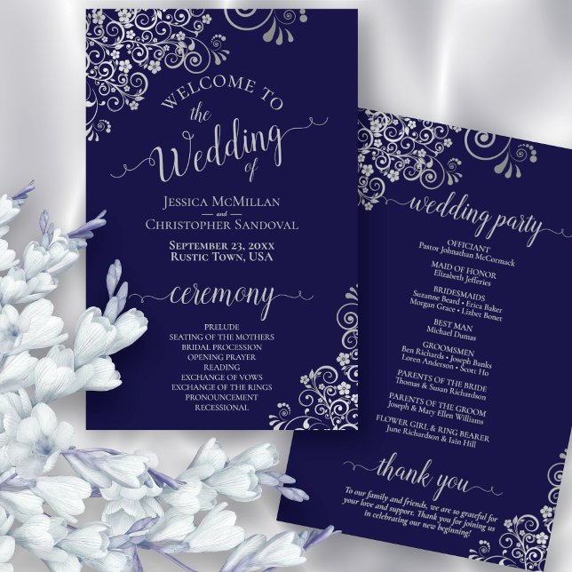 Navy Blue & Silver Lace Budget Wedding Program (Front and Back)