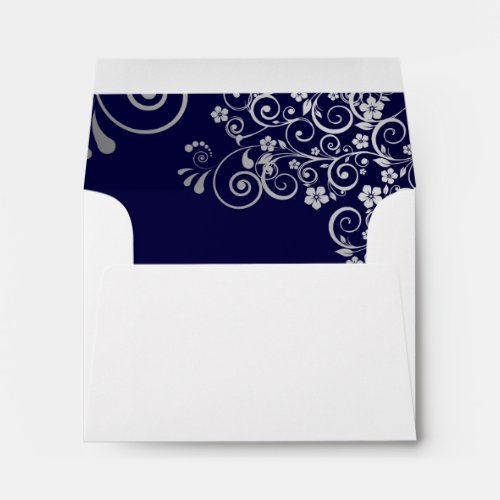Navy Blue  Silver Lace Inside White Wedding RSVP Envelope