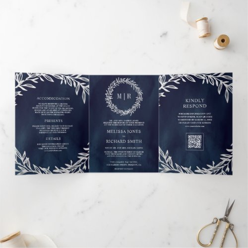 Navy Blue Silver Leaf Branch QR Code Wedding Tri-Fold Invitation