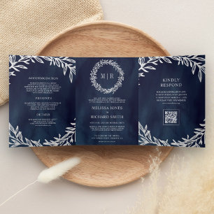 Navy Blue Silver Leaf Branch QR Code Wedding Tri-Fold Invitation