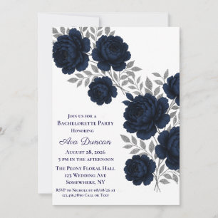 Navy Blue & Silver Leaves Bachelorette Party Invitation
