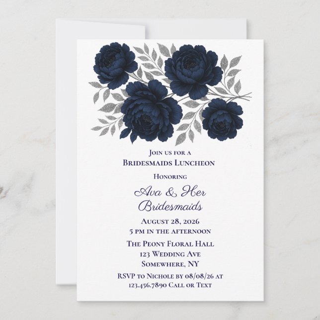 Navy Blue & Silver Leaves Bridesmaids Luncheon Invitation (Front)