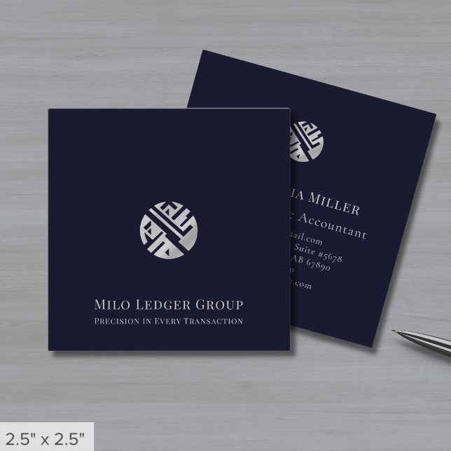 Navy Blue Silver Logo Square Business Card (Creator Uploaded)