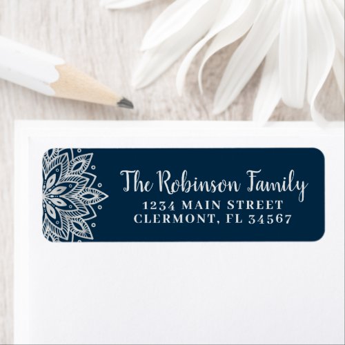 Navy Blue Silver Mandala Snowflake Label