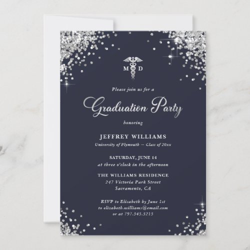 Navy Blue Silver Medical School Graduation Party Invitation