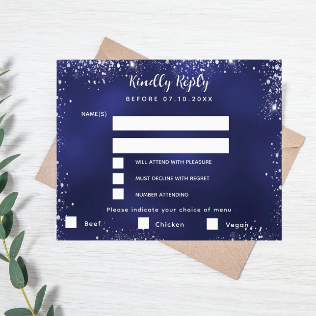 Navy blue silver menu choises wedding RSVP card (Creator Uploaded)