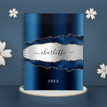 Navy blue silver metal agate marble name 2024 planner<br><div class="desc">Navy blue and faux silver metal and agate,  marble stone print as background.  Personalize and add your name. The name is written with a modern hand lettered style script.</div>