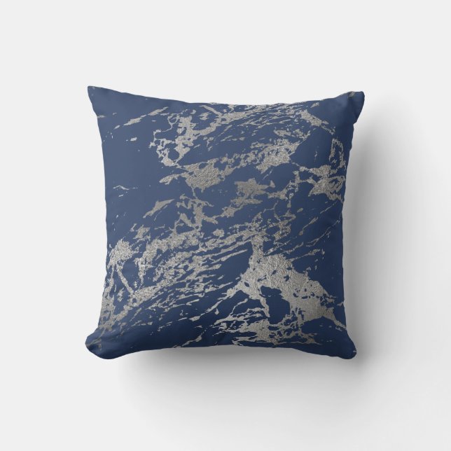Navy Blue Silver Metallic Foil Marble Rock Throw Pillow (Front)