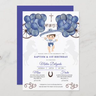 Navy Blue & Silver Mexican Baby Boy Charro Baptism Invitation