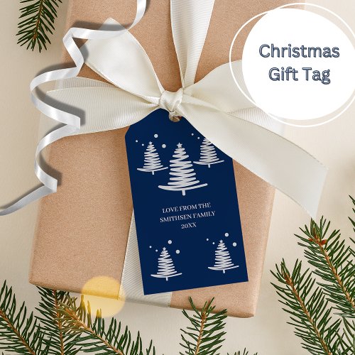 Navy Blue Silver Minimalist Christmas Trees Gift Tags