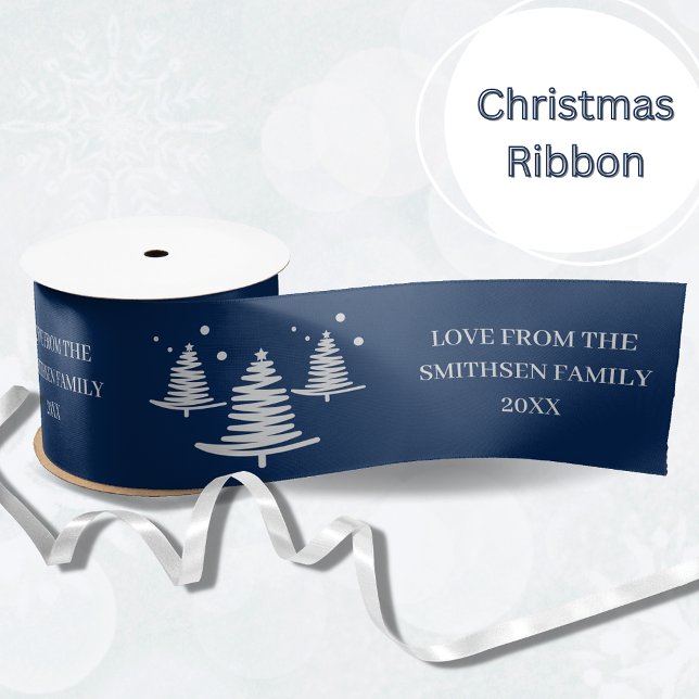 Navy Blue Silver Minimalist Christmas Trees Satin Ribbon (Creator Uploaded)