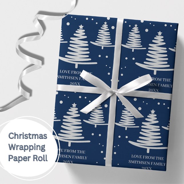 Navy Blue Silver Minimalist Christmas Trees Wrapping Paper (Creator Uploaded)