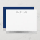 Navy Blue Silver Modern Bar Mitzvah Thank You Card<br><div class="desc">Bar Mitzvah and Bat Mitzvah Personalized Modern Thank You Note Cards with a simple and modern blue and silver gray border stripe and personalized name in a subtle unique fun font at the top. Coordinating items available in the Paper Grape Zazzle Designer Shop Bar Mitzvah Section. Edit the colors and...</div>