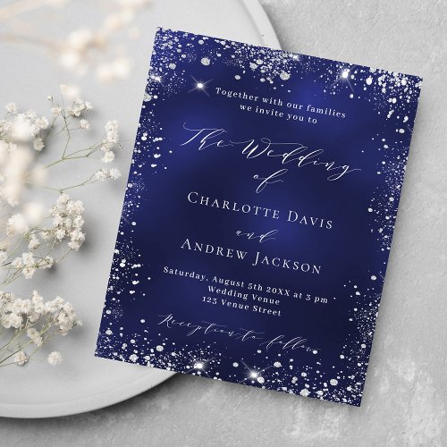 Navy blue silver modern budget wedding invitation
