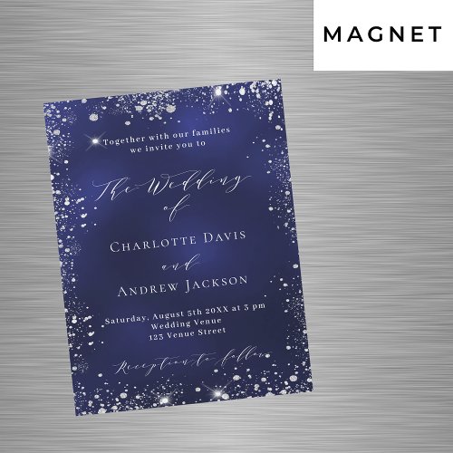 Navy blue silver modern luxury wedding magnetic invitation