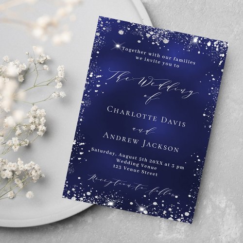 Navy blue silver modern script wedding invitation