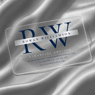 Navy Blue & Silver Monogram Corporate Transparent Clear Business Cards