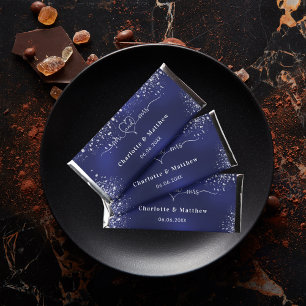 Navy blue silver mr mrs heart script wedding hershey bar favors